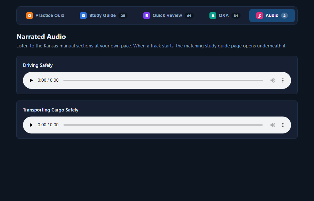 The Audio tab with narrated manual sections and the study guide companion