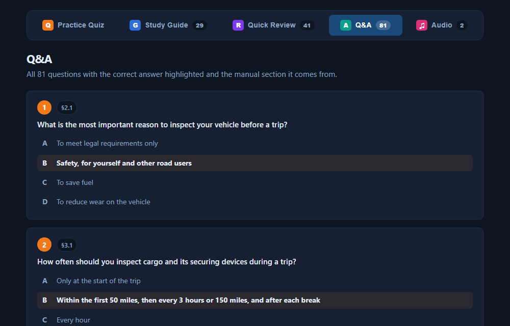The Q&A tab: every question with the correct answer highlighted and its manual reference