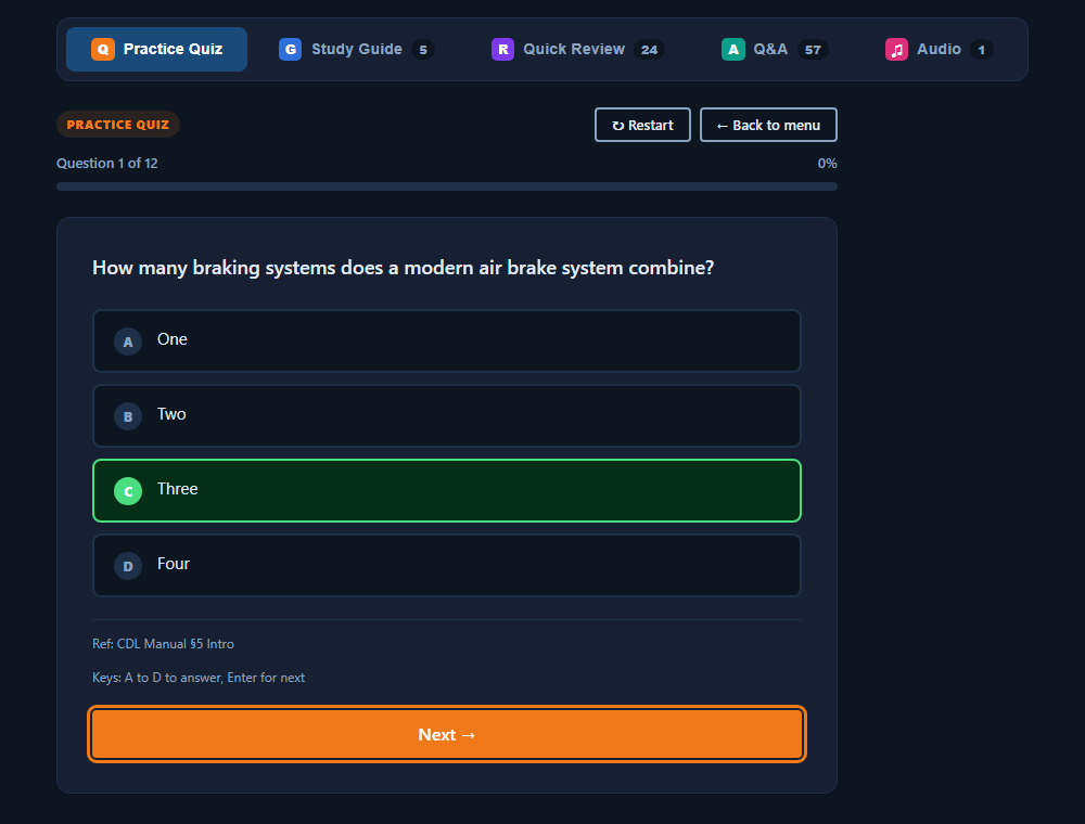 A practice quiz question with the correct answer highlighted and the manual reference shown