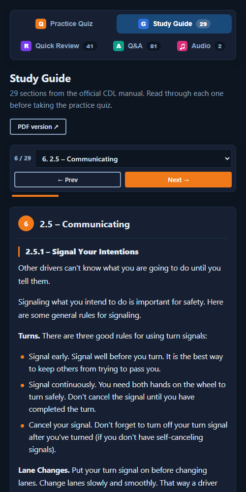 A study guide section on a phone with the section picker